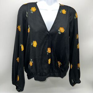 Madewell Women's Black w/Yellow Floral Print Wrap CropTop Tone on Tone Dots-XXS